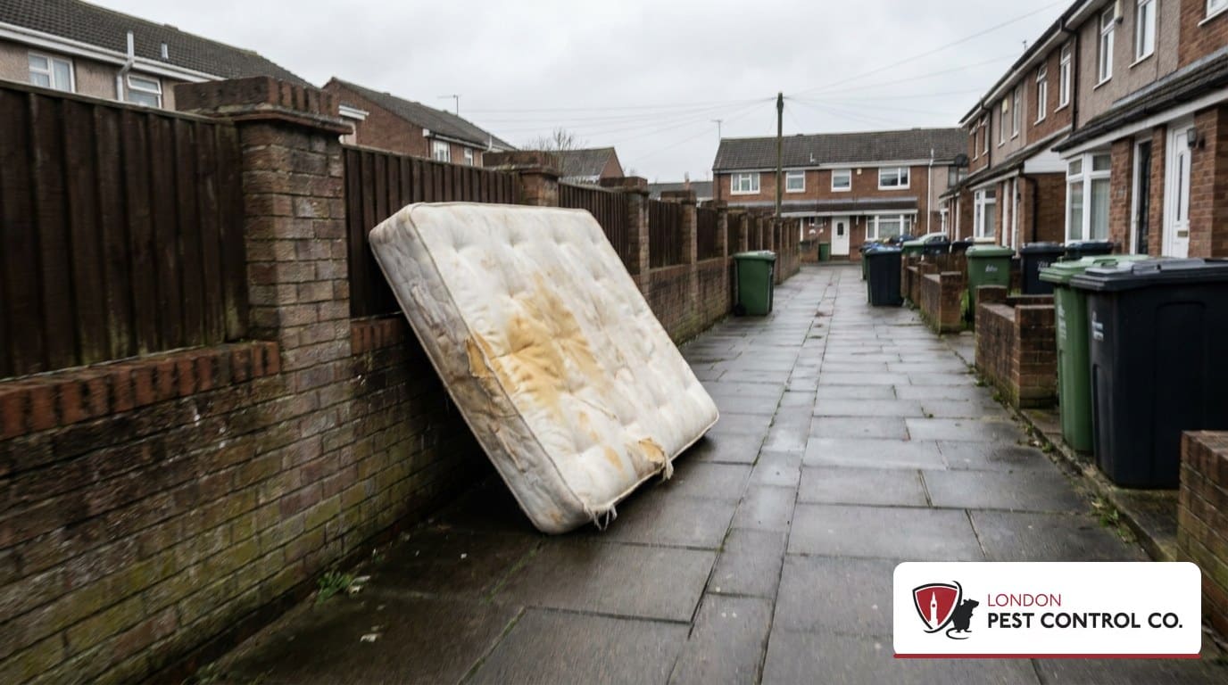Dumped mattress left against a garden wall on a south London back street